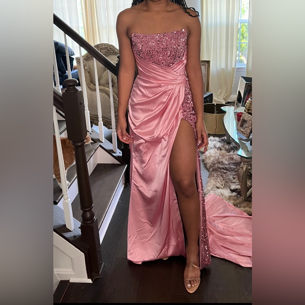 Pink glitter prom gown with high split